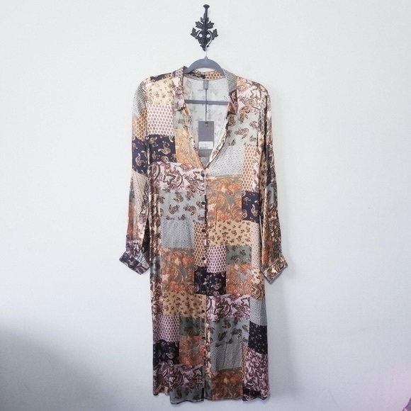 NWT Culture Patchwork Satin Dress M Long Sleeve Maxi Button Up Paisley Brocade - Picture 2 of 4